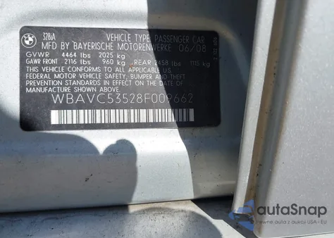 2008 BMW 328I z USA, uszkodzony, nr VIN WBAVC53528F009662